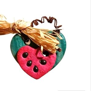 Heart Shaped Watermelon Brooch Green & Red With Black Seeds 2" 3D